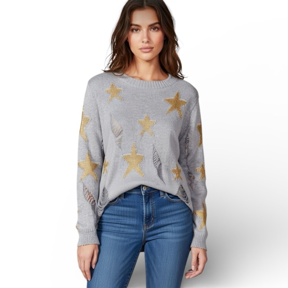LOVE TREE Grey Star Applique Distressed Knit Sweater